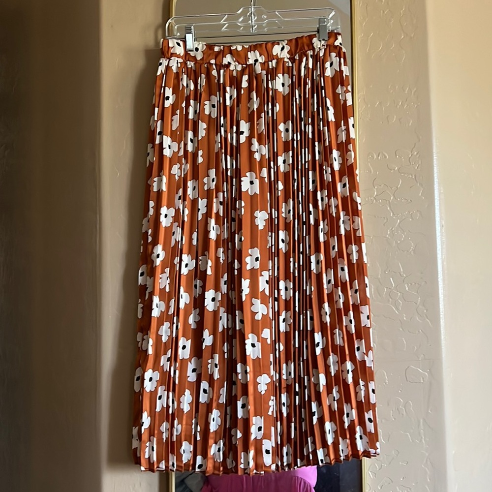Womens Molly Green Rust Pleated Midi Skirt with Elastic Waistband Size L NWT